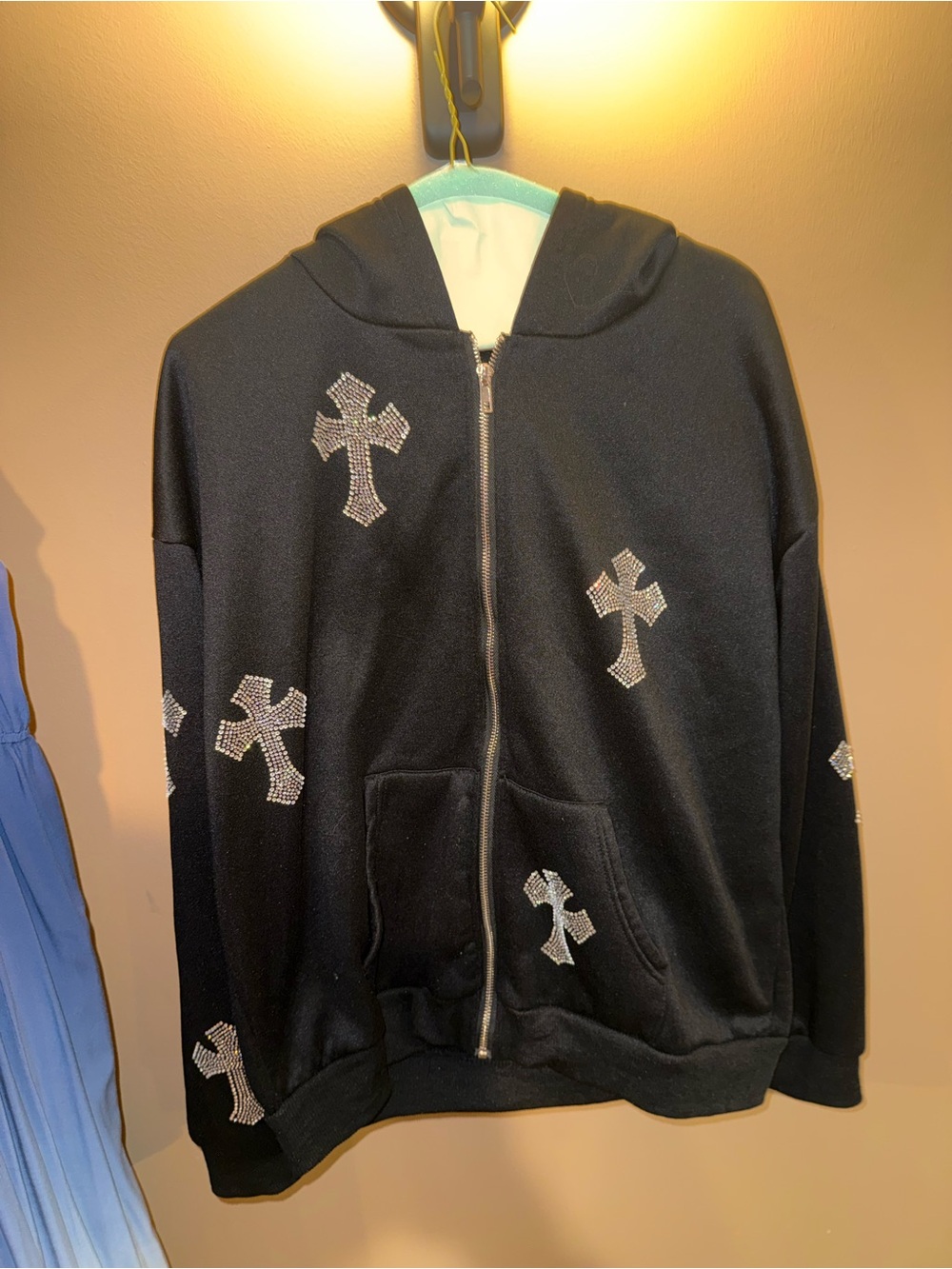 Oversized Zip-Up Sweatshirt with Rhinestone Crosses